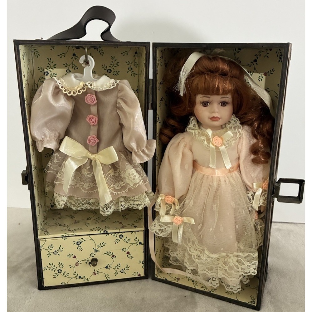 Vintage 12" Porcelain Doll In Wooden Trunk Extra Dress